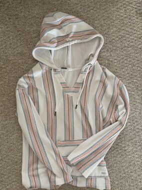 Roxy Cream Hoodie with Pink & Blue Stripe Accents